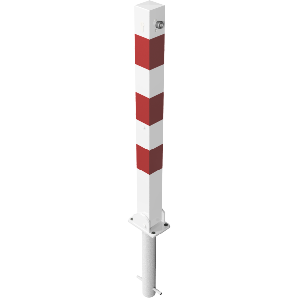 Barrier posts | Steel tube 70 x 70 mm | foldable, with Euro profile cylinder lock | for casting in concretewith ground socket part-no. 470.60approx. 400 mm below ground | hot-dip galvanized and white coatedwith three red reflecting stripes | without eyelet
